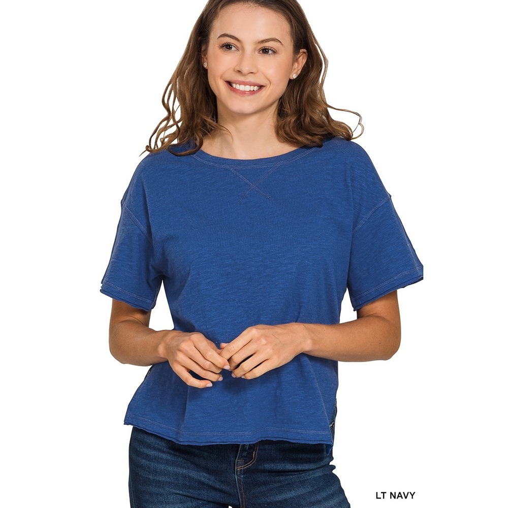 Zenana Cotton slub short sleeve tee Lt Navy T-Shirt Women Small Casual Top